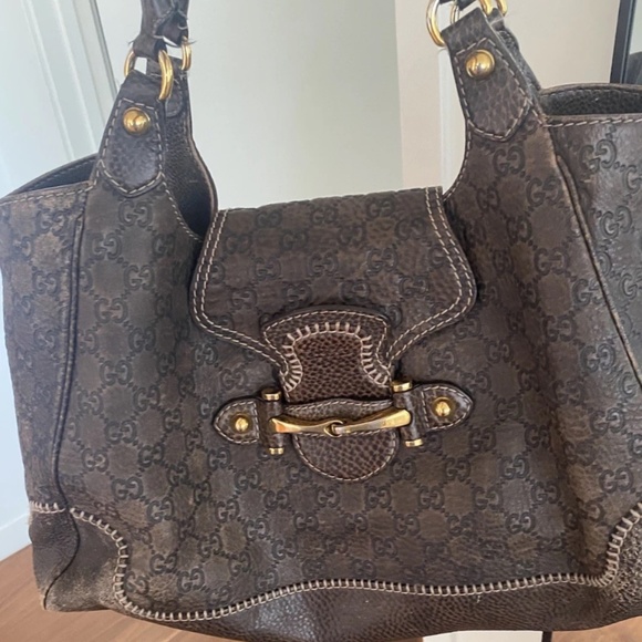 Gucci Hobo Bag Large Brown Leather Monogram Vintage Shoulder Tote Bag - Picture 3 of 10